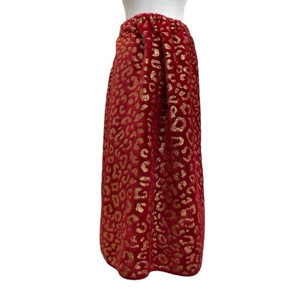 Bebe Vintage Red & Gold Foil Fuzzy Wrap Around Midi Skirt - Picture 4 of 10
